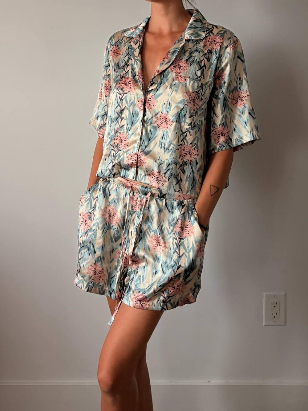 Rachel Zoe Cream Floral Short Pajama Set with Pink & Blue Accents
